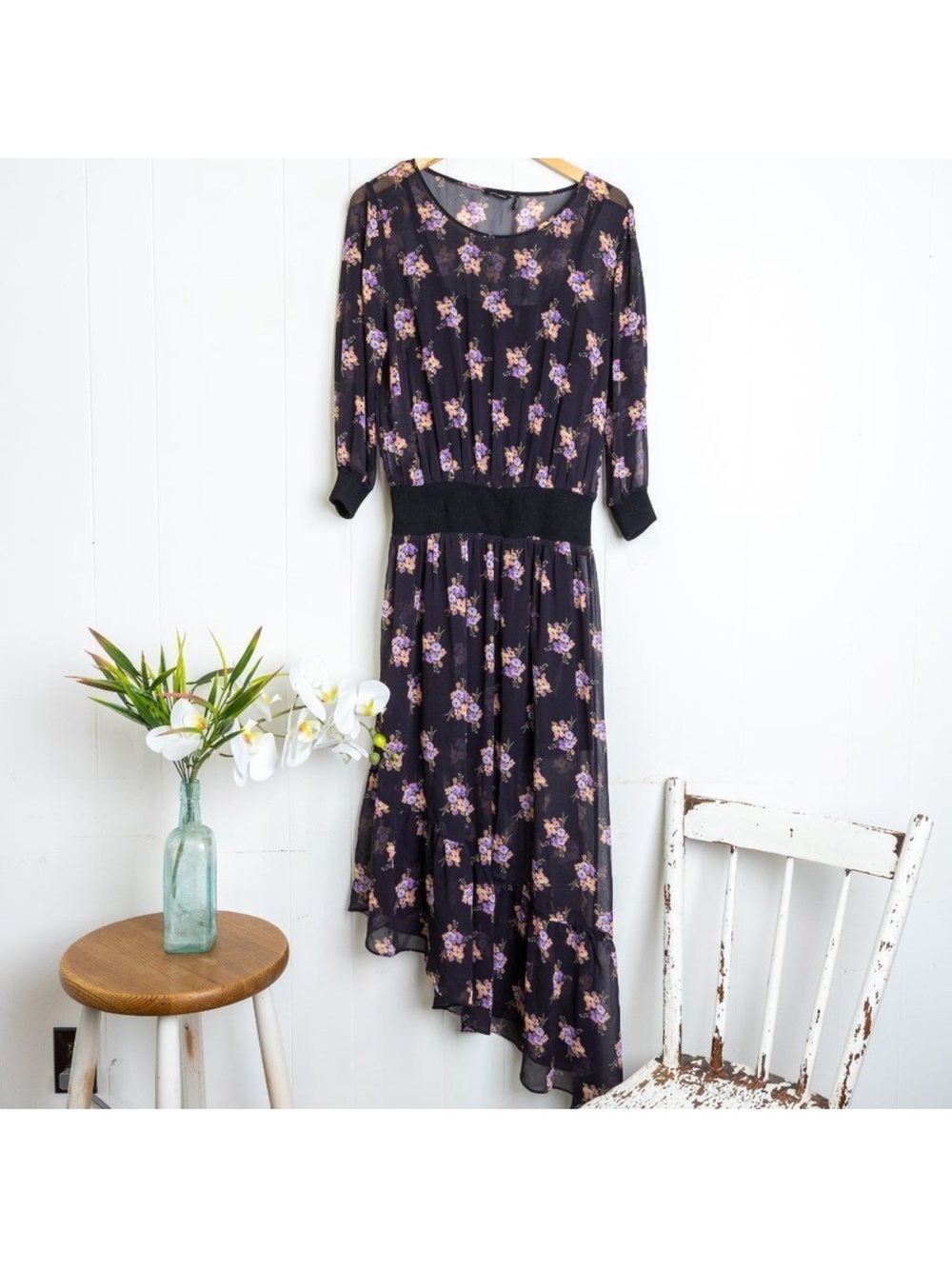 Marciano Black Sheer Floral High-Low Dress - Picture 3 of 10